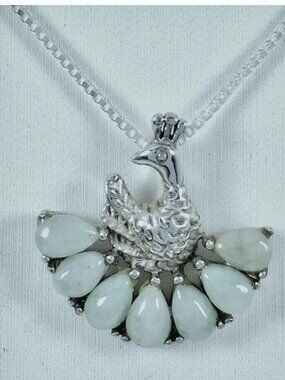 SPI 925 Sterling Italy Real Jade Ornate Peacock Pendant w 20" Box Chain Necklace